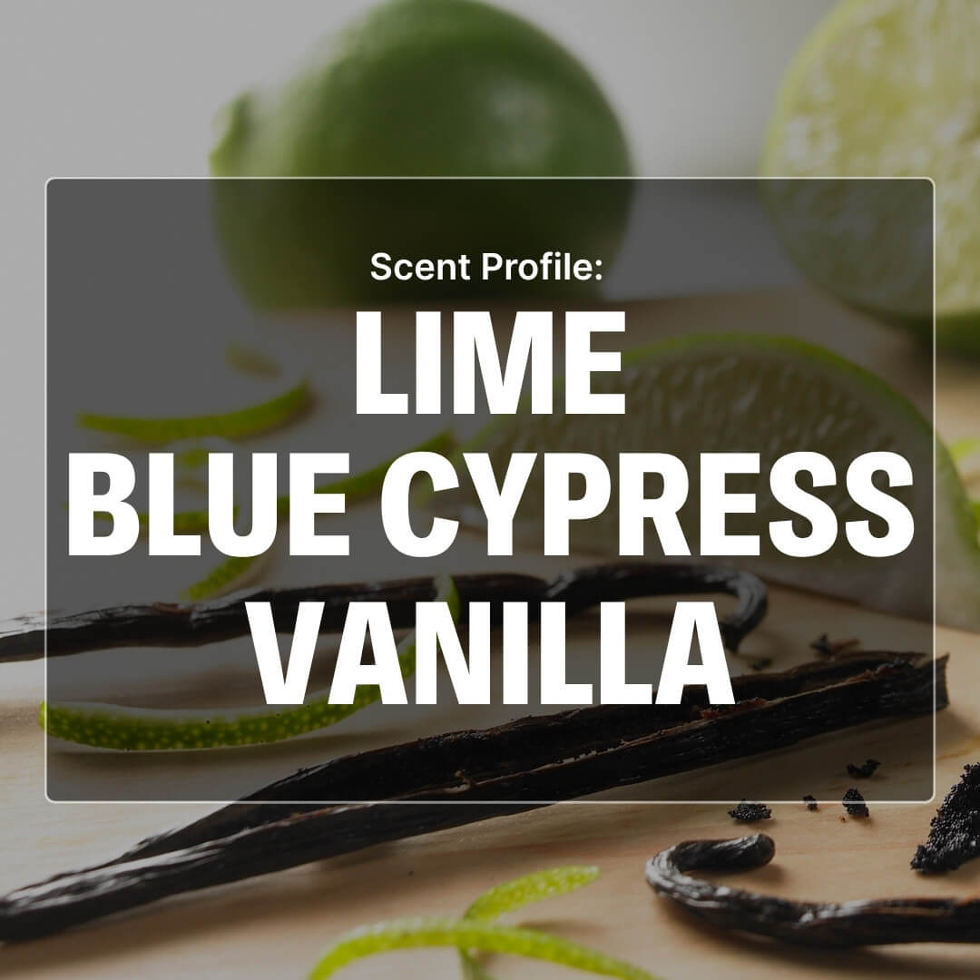 Scent profile notes of lime, blue cypress, and vanilla listed on a backround
