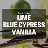 Scent profile notes of lime, blue cypress, and vanilla listed on a backround