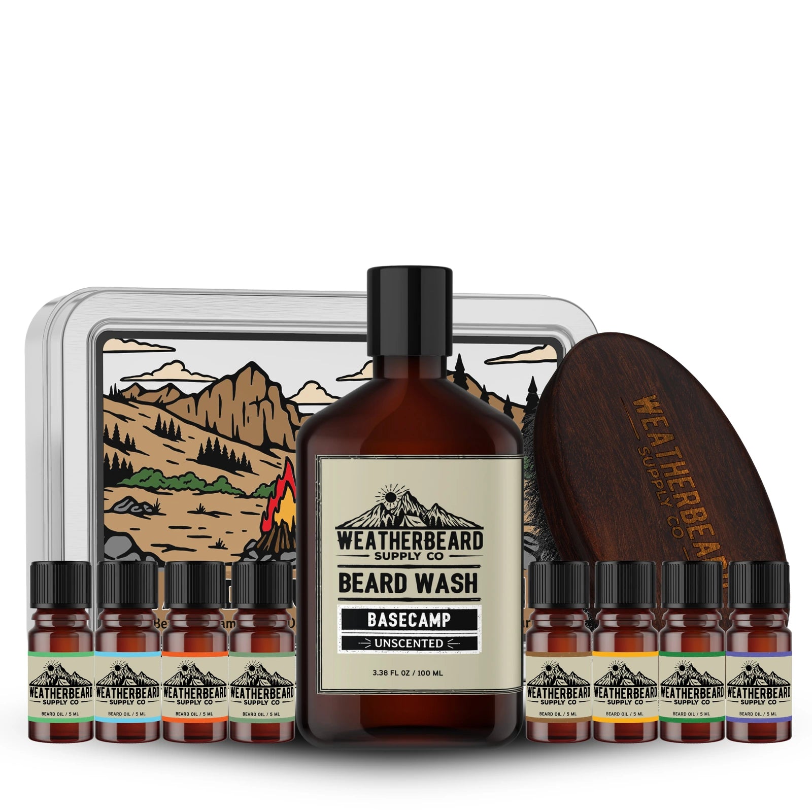 Weatherbeard Supply Co. beard care product set with beard oil sample bottles and a wooden brush on a white background.