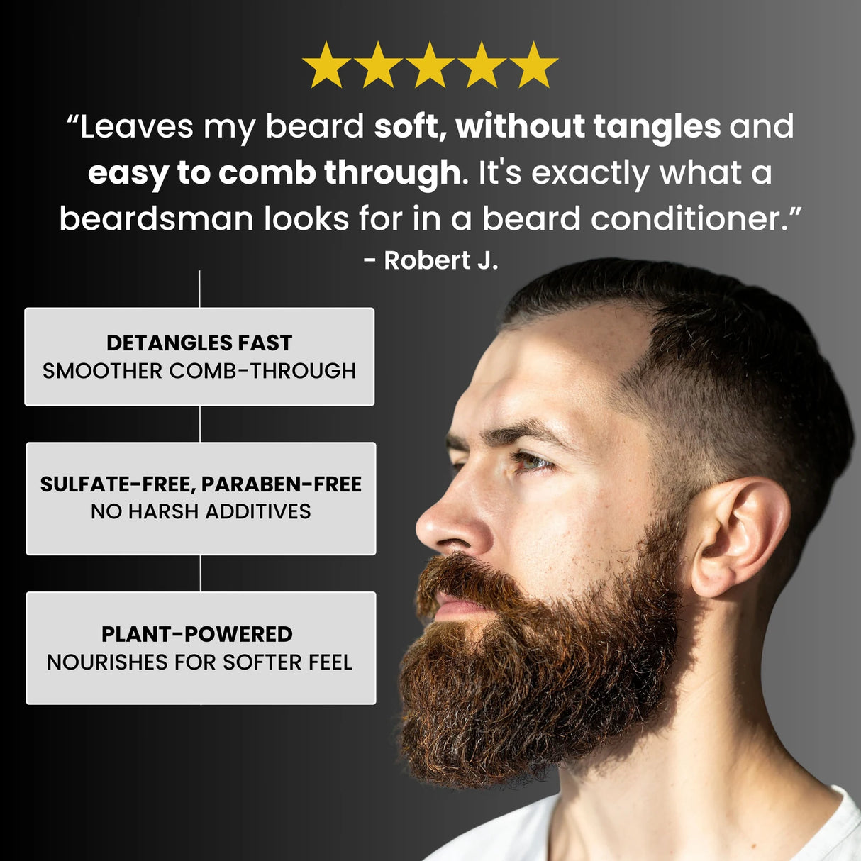 Man with a beard featuring beard conditioner benefits and a customer review on a dark background