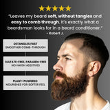 Man with a beard featuring beard conditioner benefits and a customer review on a dark background