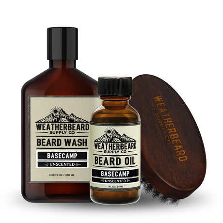 Weatherbeard Supply Co. beard care products including wash, oil, and a wooden brush on a white background.