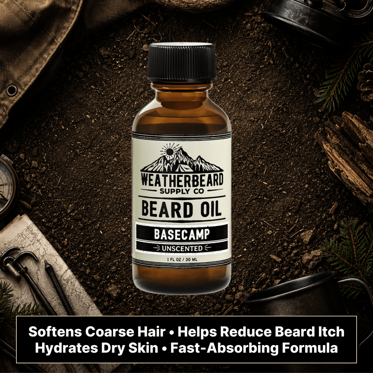 Bottle of Weatherbeard Supply Co. Basecamp Beard Oil on a textured background with camping gear.
