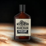 Bottle of Unscented Weatherbeard Supply Co. Beard Wash on a dark background