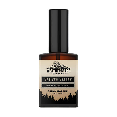 Bottle of Weatherbeard Supply Co's Vetiver Valley Spray Parfum on a white background