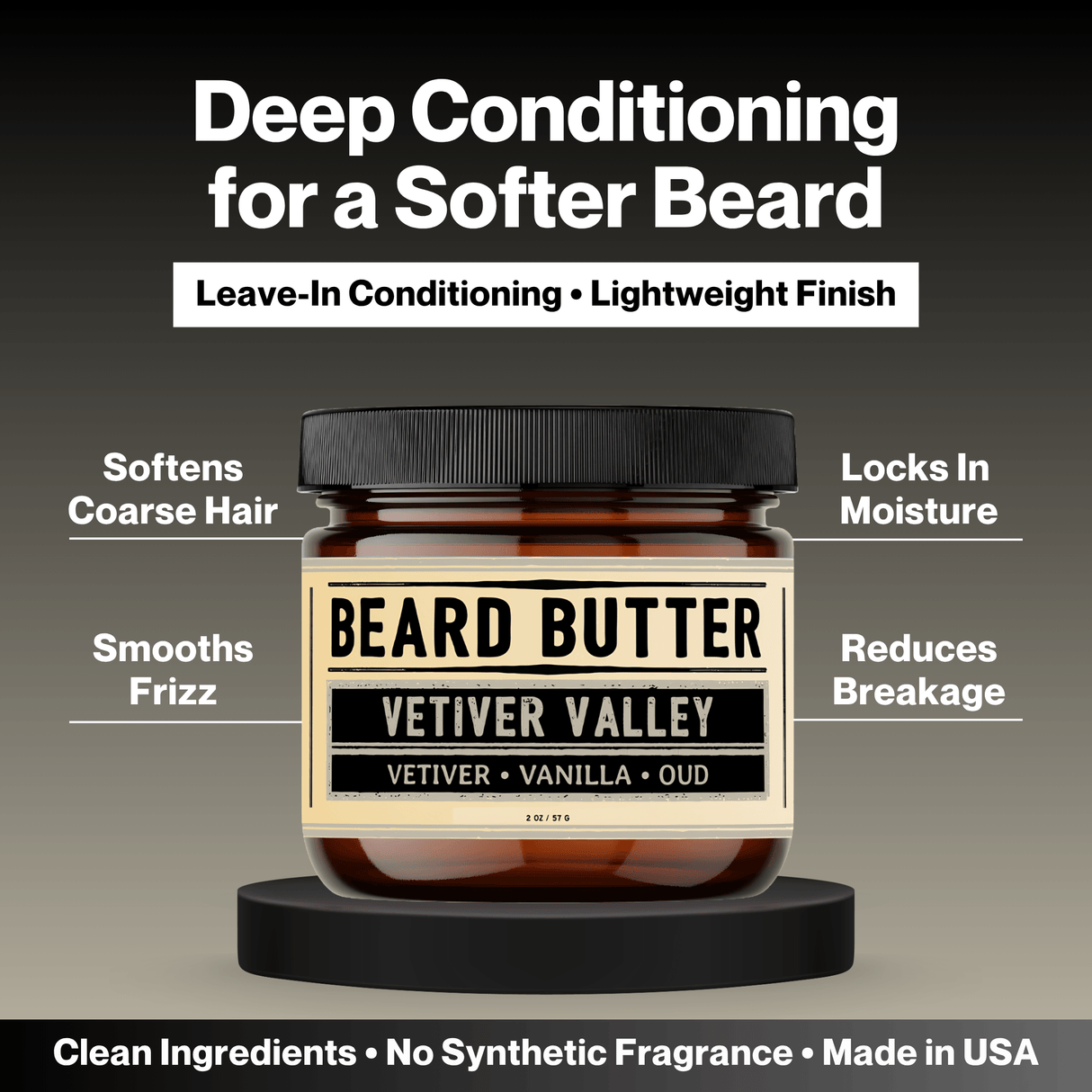 Jar of Vetiver Valley beard butter with text highlighting its benefits on a gray background