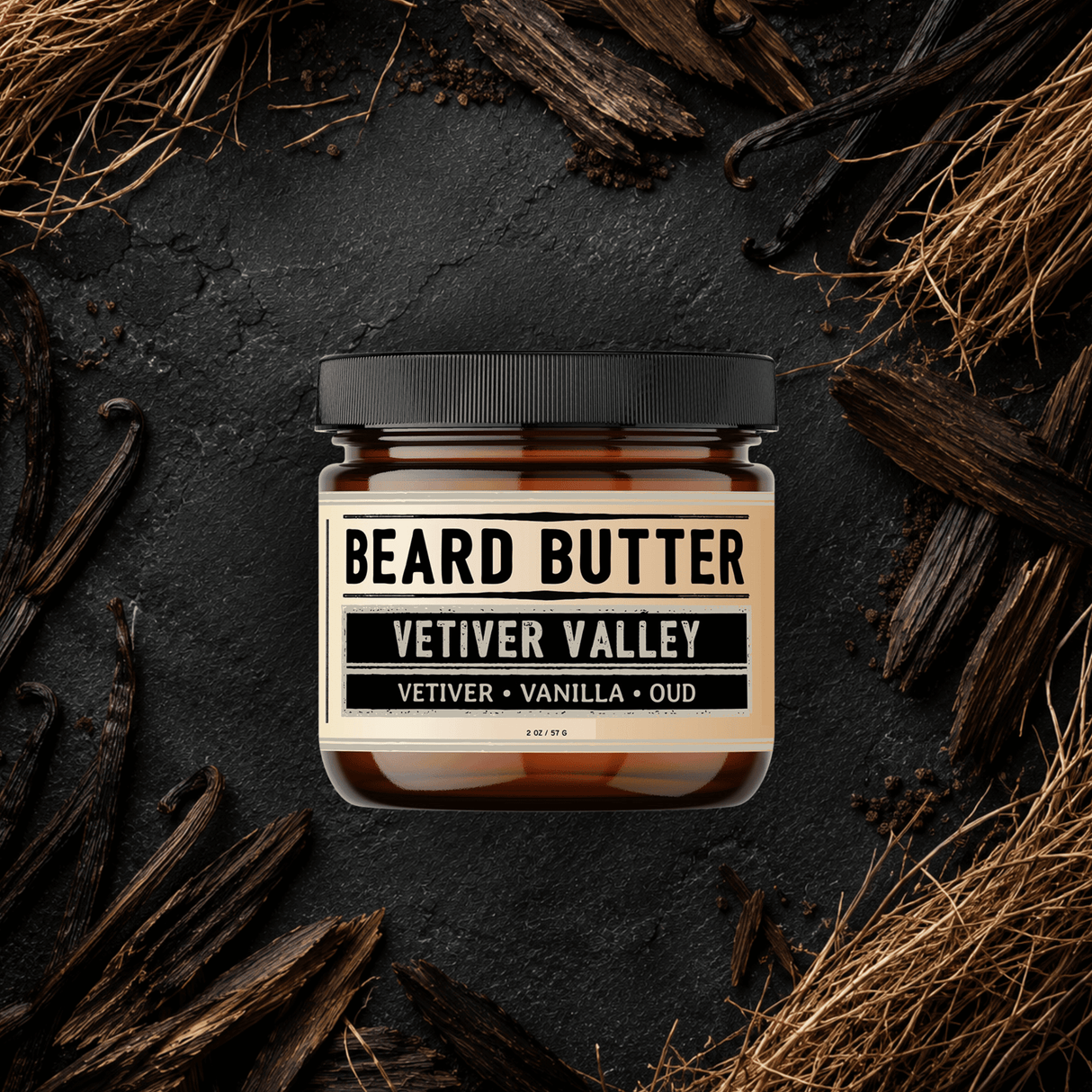 Jar of 'Vetiver Valley' surrounded by vetiver grass on a dark background