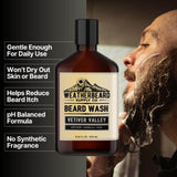 Bottle of Weatherbeard Supply Co's Vetiver Valley Beard Wash with benefits listed beside it