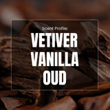Text 'Scent Profile: Vetiver Vanilla Oud' over a background of dried vetiver grass.