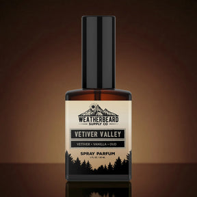 Bottle of Weatherbeard Supply Co's Vetiver Valley Spray Parfum