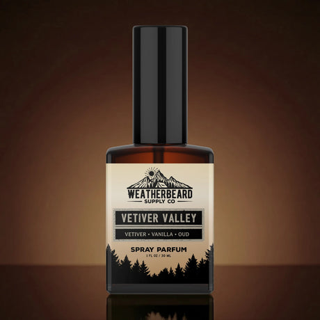Bottle of Weatherbeard Supply Co's Vetiver Valley Spray Parfum