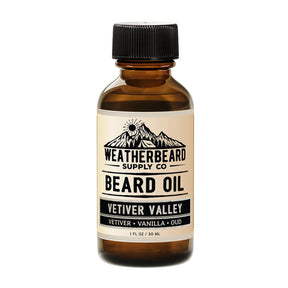 Bottle of Weatherbeard Supply Co. Vetiver Valley beard oil on a white background