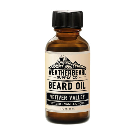 Bottle of Weatherbeard Supply Co. Vetiver Valley beard oil on a white background