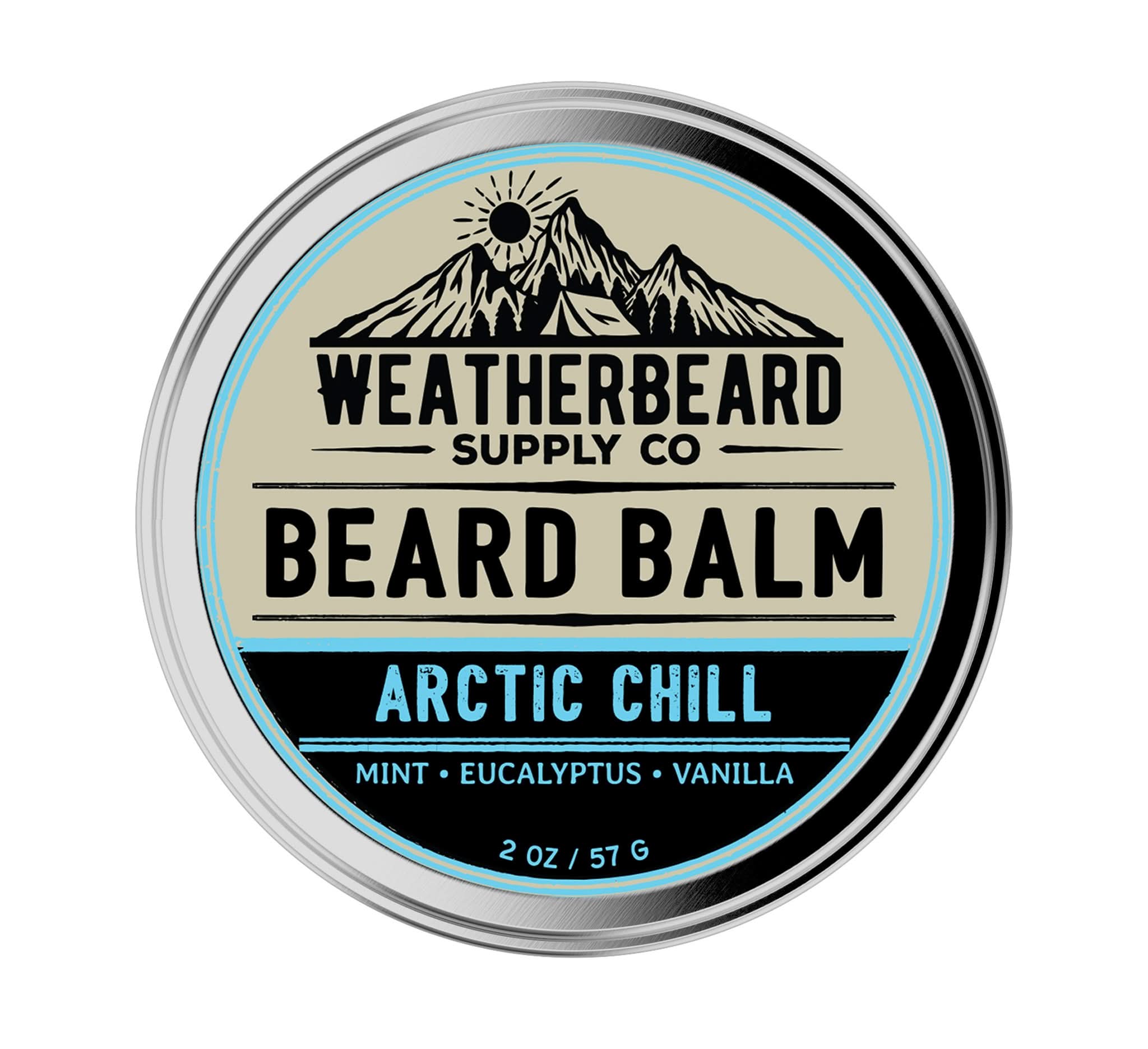 Beard balm container with 'Weatherbeard Supply Co' branding on a white background