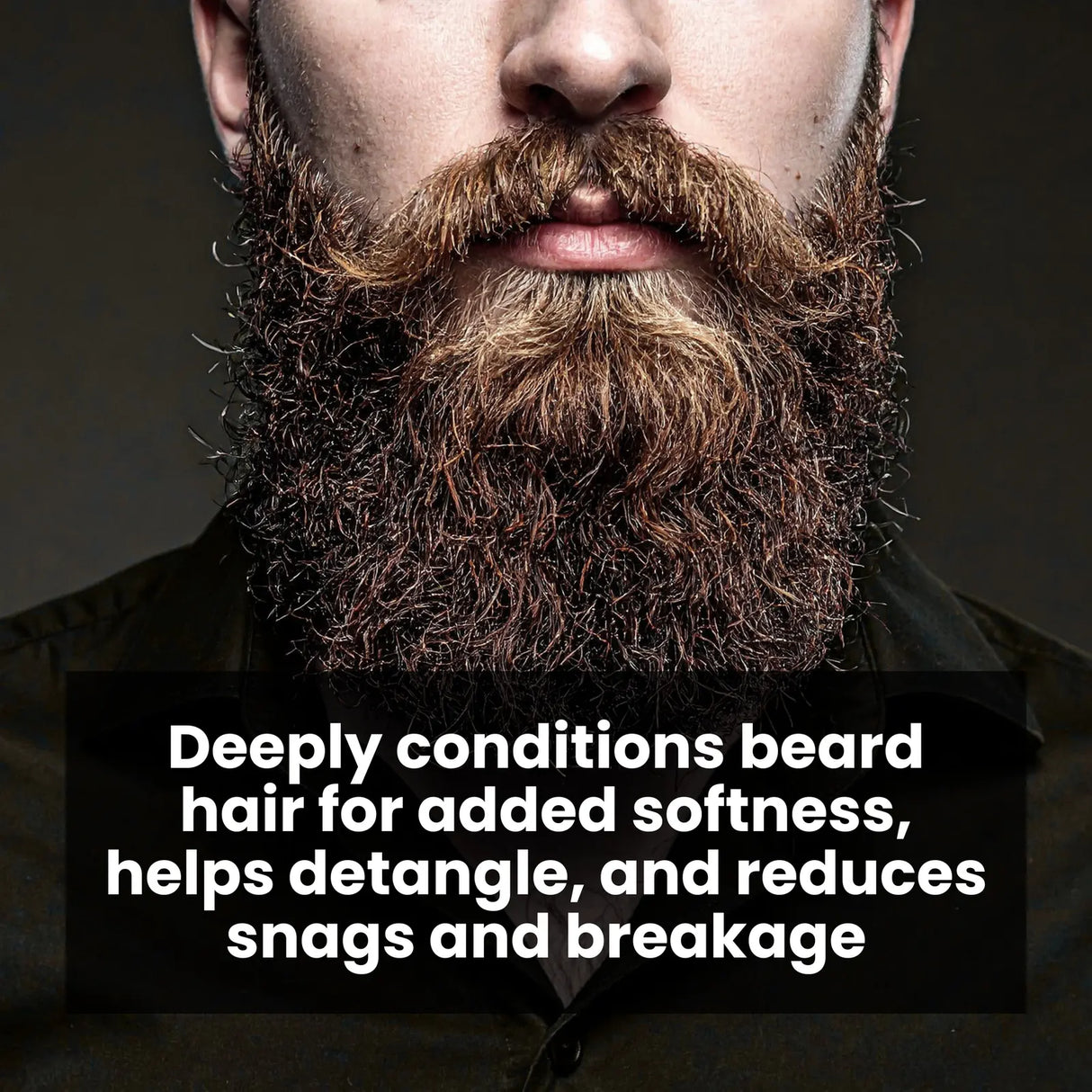 Close-up of a person with a full beard on a dark background with text about beard care.