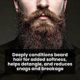 Close-up of a person with a full beard on a dark background with text about beard care.