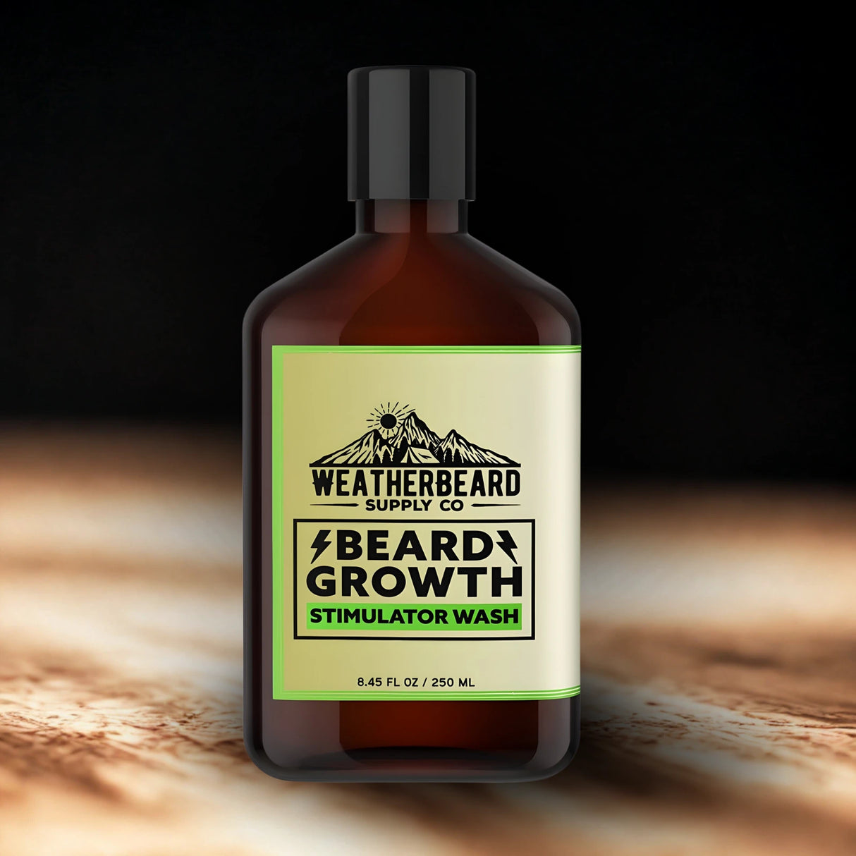 Bottle of Weatherbeard Supply Co. beard growth stimulator beard wash on a wooden surface with a dark background