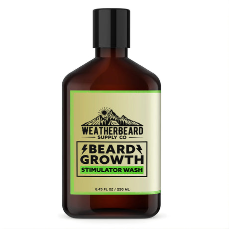 Bottle of Weatherbeard Supply Co's Beard Growth Stimulator Wash against a white background