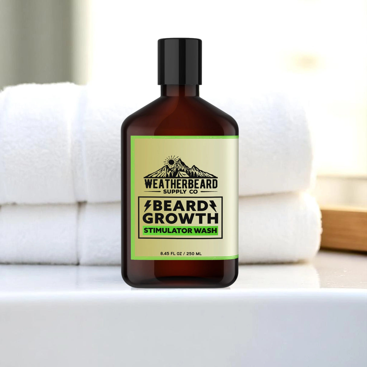 Bottle of Weatherbeard Supply Co. beard growth stimulator wash on a bathroom counter with towels in the background