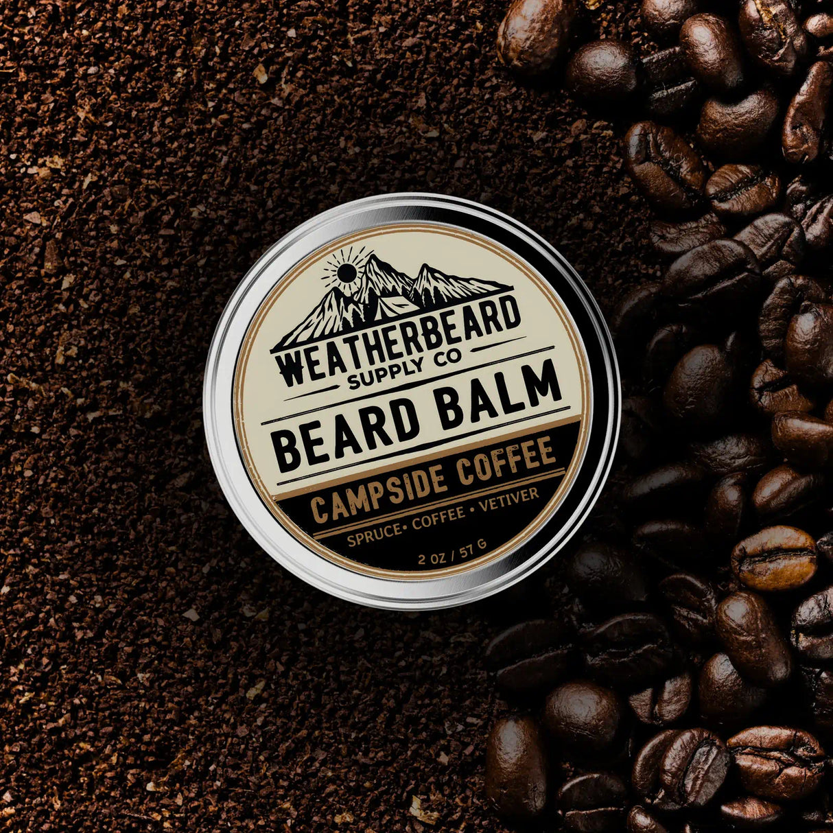 Beard balm container with 'Weatherbeard Supply Co' branding on a background of coffee beans.