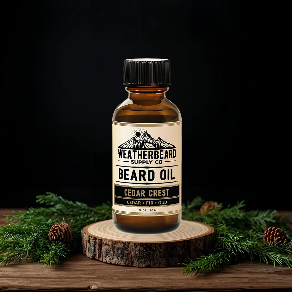 Bottle of Weatherbeard Supply Co. Cedar Crest beard oil on a wooden stand with greenery.