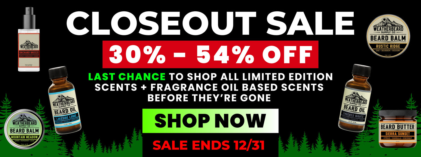 Closeout sale banner for Weatherbeard Supply Co.'s beard care products with various bottles and text on a black background.
