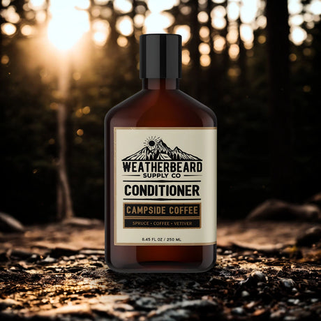 Bottle of Weatherbeard Supply Co. Campside Coffee Conditioner against a natural background