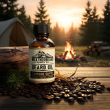 Bottle of Weatherbeard Supply Co. beard oil with a campsite and sunset in the background