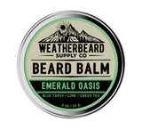 Beard balm container with 'Weatherbeard Supply Co' branding on a white background