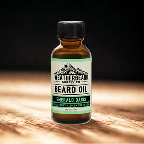 Bottle of Weatherbeard Supply Co. Beard Oil on a wooden surface with a dark background