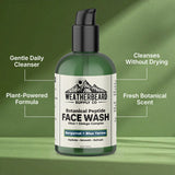 Bottle of Weatherbeard Supply Co's Botanical Peptide Face Wash against a green background with product benefits highlighted