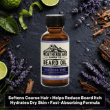 Bottle of Weatherbeard Supply Co. Northern Wind beard oil surrounded by lavender and bergamot on a dark background
