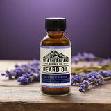 Bottle of Weatherbeard Supply Co. Beard Oil with lavender flowers on a wooden surface and purple background