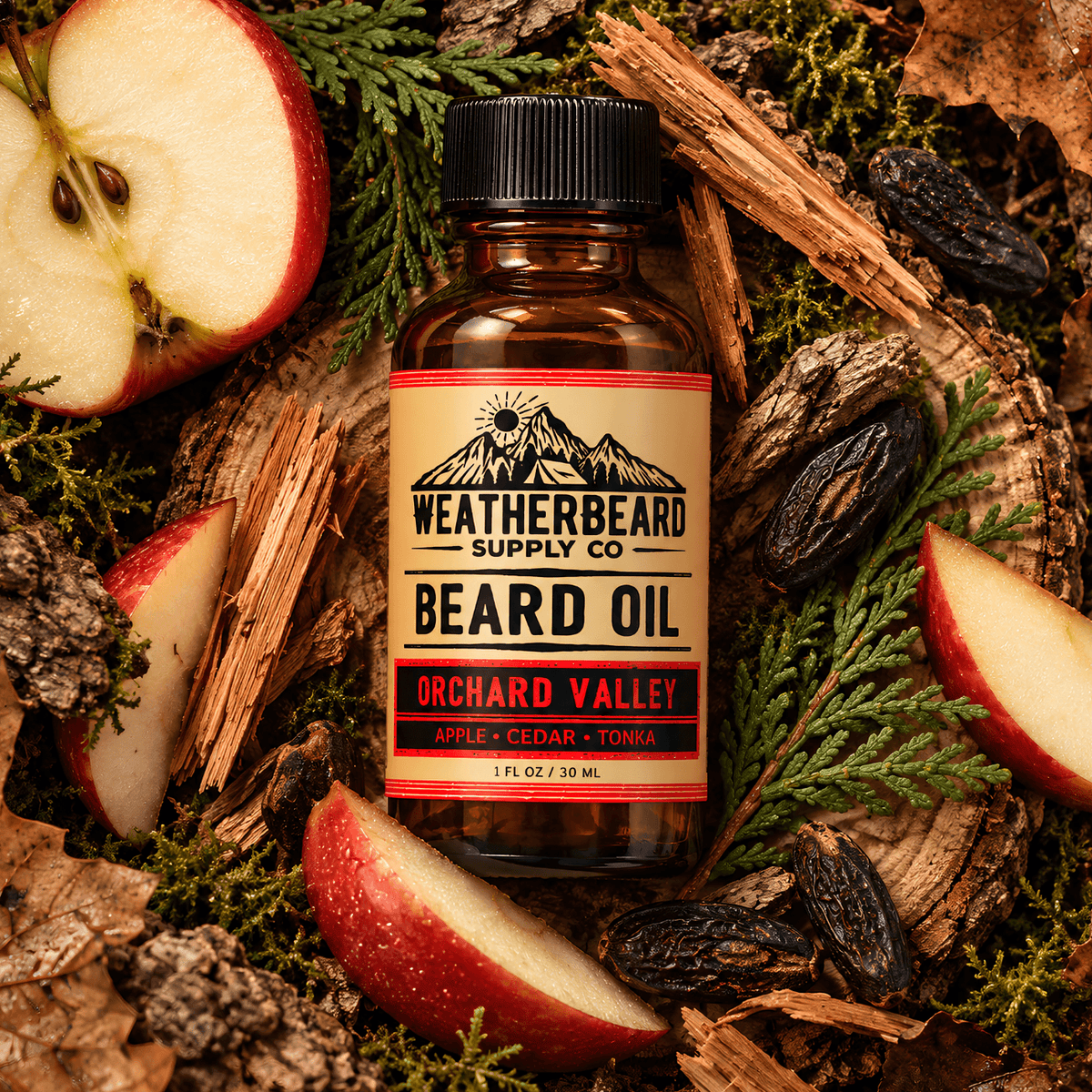 A bottle of Weatherbeard Supply Co. Beard Oil in Orchard Valley, styled in a flat lay with apple slices, wood bark, pine needles, and dried fruit on a forest floor background.
