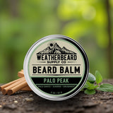 Beard balm container with 'Weatherbeard Supply Co' branding on a natural background.