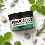 A jar of Scalp Scrub Rosemary Mint exfoliating scalp scrub, styled with fresh rosemary sprigs, mint leaves, and small pumice stones on a clean white background.