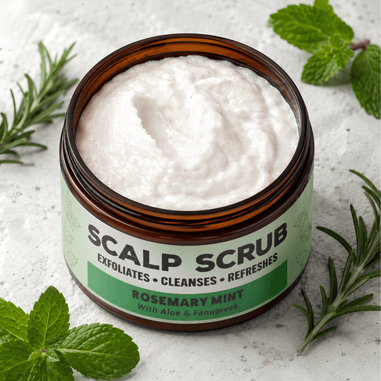 An open amber jar of scalp scrub with white cream inside, surrounded by mint leaves and rosemary sprigs on a light stone surface. The label reads 'SCALP SCRUB' and 'ROSEMARY MINT With Aloe & Fenugreek'.