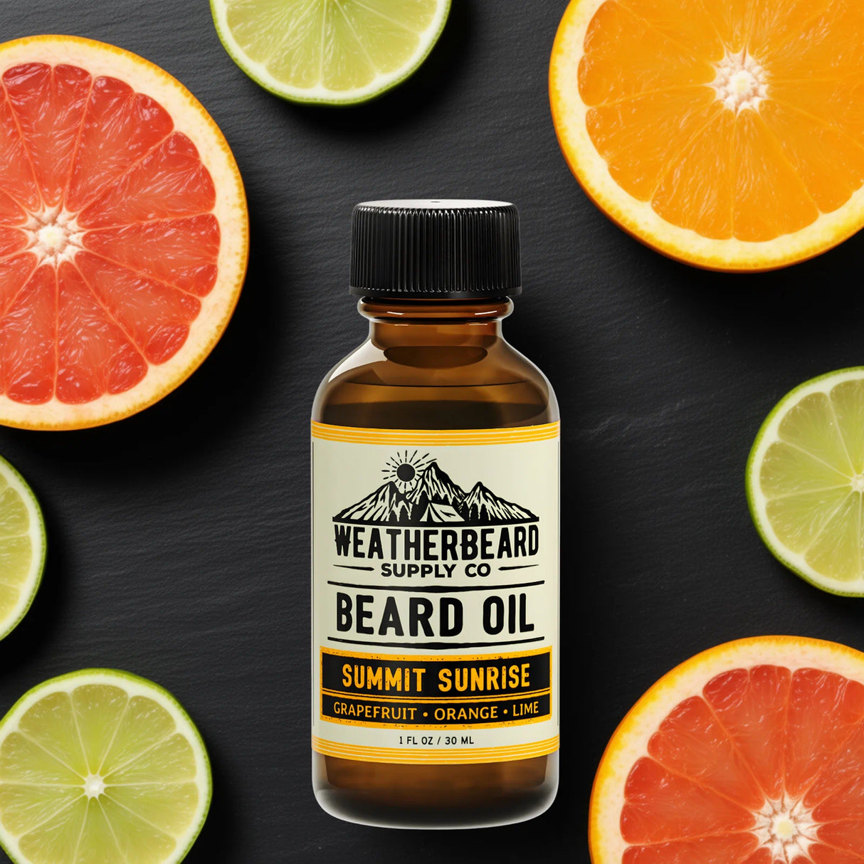 Bottle of Weatherbeard Supply Co. Summit Sunrise beard oil with citrus fruits on a dark background