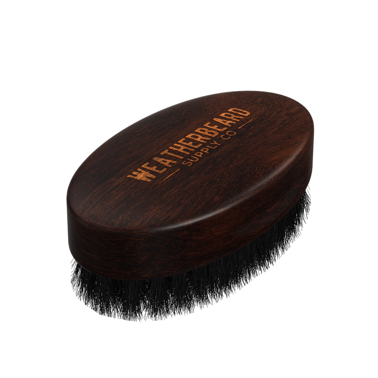 Wooden brush with black boar hair bristles on a white background, branded 'Weatherbeard Supply Co'.