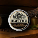 'Weatherbeard Supply Co' coffee scented beard balm on a wooden surface.