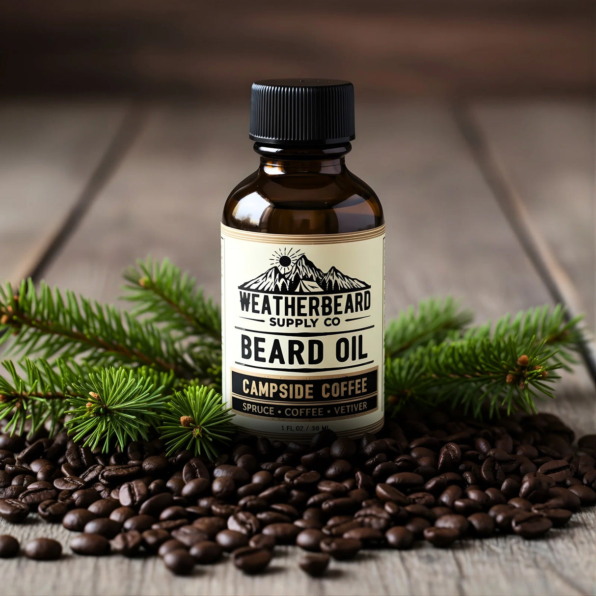 Bottle of Weatherbeard Supply Co. Campside Coffee beard oil with coffee beans and spruce branches on a wooden table