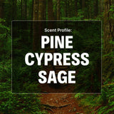 Forest scene with 'Scent Profile: Pine Cypress Sage' text overlay
