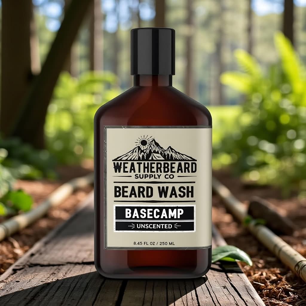 Bottle of Weatherbeard Supply Co. Beard Wash on a wooden surface with a natural background
