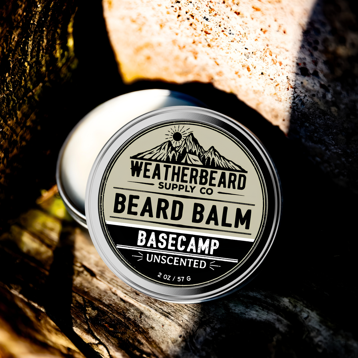 Weatherbeard Supply Co. Unscented Beard Balm container on a wooden surface