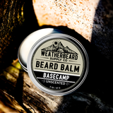 Weatherbeard Supply Co. Unscented Beard Balm container on a wooden surface