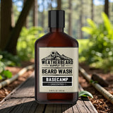 Bottle of Weatherbeard Supply Co. Beard Wash on a wooden surface out in nature