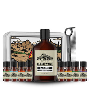 Weatherbeard Supply Co. beard care product set with beard wash, beard oil sample kit, and comb on a white background
