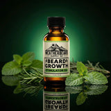 Bottle of Weatherbeard Supply Co. beard growth stimulator oil with peppermint leaves on a reflective surface.
