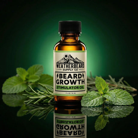 Bottle of Weatherbeard Supply Co. beard growth stimulator oil with peppermint leaves on a reflective surface.