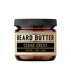 Jar of beard butter labeled 'Cedar Crest' with a black lid on a white background